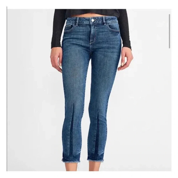 DL1961 Mara Straight Jeans 27 Ankle Mid Rise Blue Raw Hem Stretch Instasculpt - Picture 2 of 11